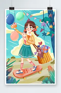 蓝色唯美清新庆祝六一儿童节扁平风原创插画
