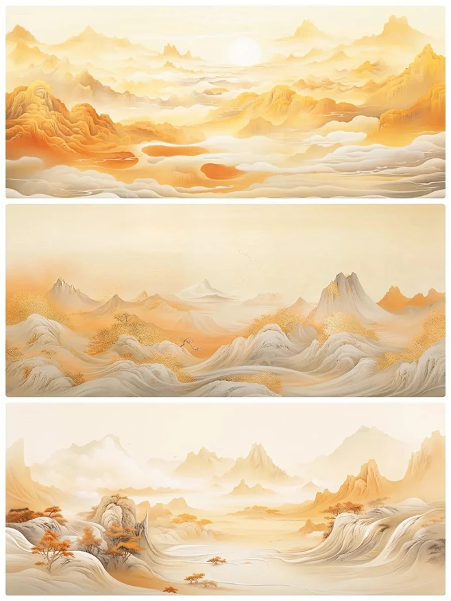 中式美学-国潮-中国风-背景-金色-橘色-山峦-线条画 -花瓣网