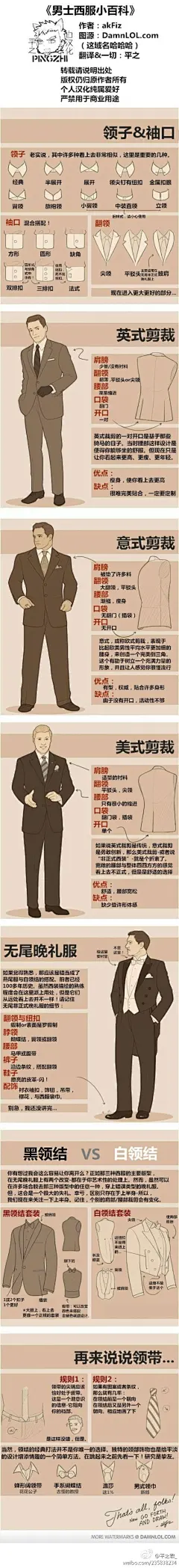 《男士西服小百科》好吧，其实这个不能算严格意义上的教程，原标题是“如何让你穿的更像一个绅士”，只是个穿衣小贴士。但是它将西装的大部分都罗列了出来，而且个人真的有被帅到就是了。当画手们画西装应该会有用。看不清戳大图。【转载请说明出处】原图网址：http://t.cn/8F6S6CX （这域名真的是）