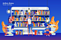 手绘卡通人物场景在线图书馆 - 矢量图 Online Library - Vector Illustration