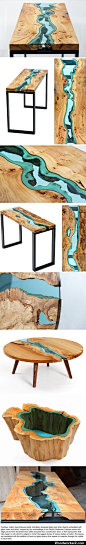 Wood Furniture Embedded with Glass Rivers and Lakes by Greg Klassen.
