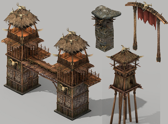 3D古代哨塔防御塔游戏部落军事建筑素材