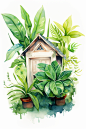 绿植房屋植物艺术水彩建筑画作插画