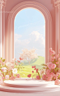 a pink room with flowers and a tree in a beautiful scene, in the style of bright sculptures, pastoral scenes, vibrant stage backdrops, imitated material, organic material, decorative borders, decorative backgrounds