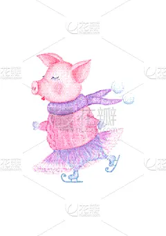 毛衣,猪,水彩画,羊毛,可爱的,肖像,儿童,滑冰,问候,绘制