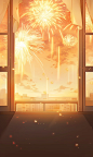 Golden window and fireworks illustration, in the style of light beige and light amber, booru, airy and light, salon kei, subtle atmospheric perspective, realistic scenery, commission for