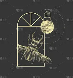 神奇的魔法窗户剪影鹿角甲虫和满月像灯泡。矢量图