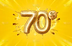 70年了。折扣创造性的成分。3d黄金销售标志，装饰物品，心形气球，金色纸屑，讲台和礼品盒。销售横幅和