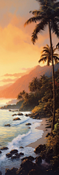 Hyper-realistic golden tropic coastal landscape oil painting, luminous mesmerizing colors