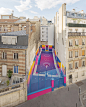 paris' pigalle basketball court canvassed in a gradient of smooth, iridescent hues : sandwiched between a pair of apartment buildings in paris is the pigalle basketball court – where air balls and alley-oops meet artistic intervention.