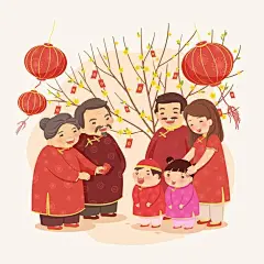 一家团员全家福新年快乐卡通插画矢量图设计素材