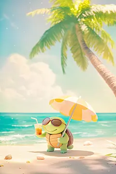 大暑酷暑卡通海龟动物乘凉
