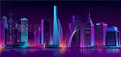 neon megapolis background with buildingsVector modern megapolis at night. Bright glowing buildings in cartoon style. Urban skyscrapers in neon colors, town exterior, architecture background. Residential construction for cityscape concept.