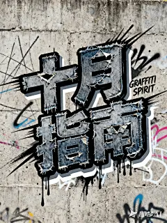 街头水泥墙背景（带划痕涂鸦），主体为潮酷破洞艺术字体“十月指南”；字体风格结合街头涂鸦的狂野随性笔触与破洞牛仔的叛逆撕裂感，笔画粗重扎实且带撕裂破洞纹理，通过黑-灰-白三层阴影塑造街头厚重立体感，字体边缘延伸出喷漆飞溅式动态线条（模拟街头喷漆的随性酷感）；“十月”在上、“指南”在下呈紧凑叠放，整体向右侧倾斜并带街头挑衅的动态趋势；强化叛逆与潮酷感；手写体小字英文“GRAFFITI SPIRIT”作为点缀，版式杂乱有序，构图偏移，街头海报；整体营造街头叛逆、潮酷张扬的视觉氛围，突出字体的破洞质感、街头立体与