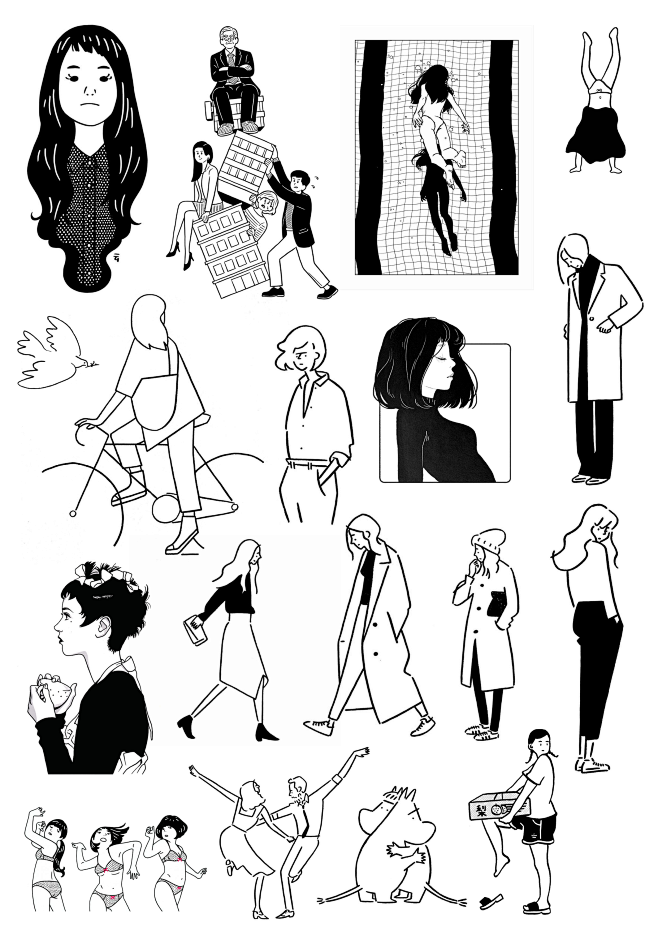 黑白插图人物国外画家手帐打印素材a4尺寸