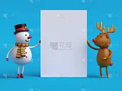 3d渲染，数字插图，雪人和鹿抱白色卡片，空白空间，有趣的卡通人物，空白圣诞背景，节日贺卡