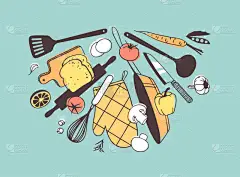 手绘插图烹饪工具、菜肴和食物。创意水墨艺术作品。实际矢量绘图。厨房用具