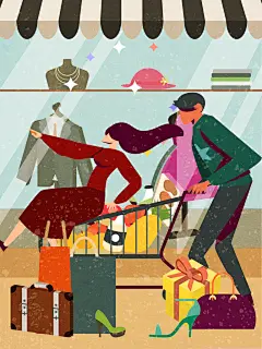 购物时尚高端大气情侣浪漫爱情插画