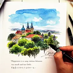 一支笔，一幅画，一段字，就这样活在自己的童话世界，“幸福是太多和太少之间的一站。”  #插画##水彩##手绘##城堡#