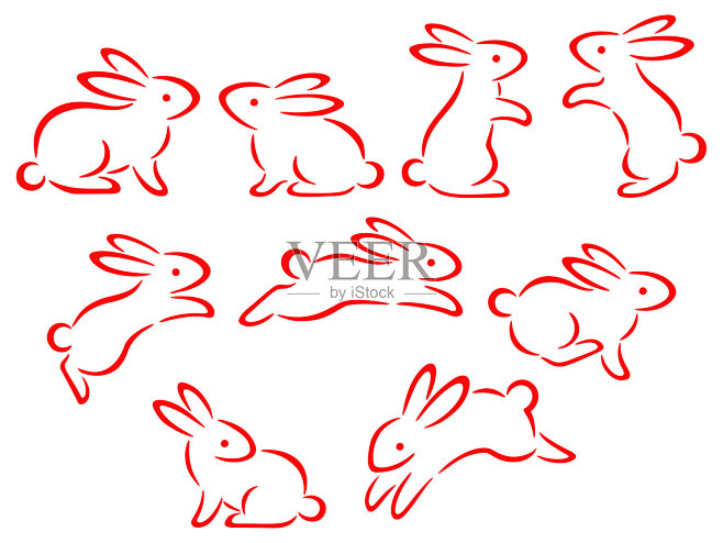 插图套手绘毛笔风格的兔子插画图片素材