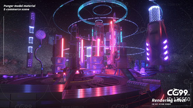 C4D赛博朋克风格宇宙悬浮科幻城市场景