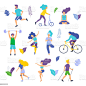 健康的生活方式。不同的體育活動: 跑步、溜冰鞋、跳舞、健美、瑜伽、健身、滑板車、北歐步行。 - 免版稅健身運動圖庫向量圖形