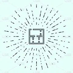 黑线房屋计划图标孤立在灰色背景。抽象的圆随机点。向量