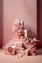 an arrangement of floral blocks scattered on the ground, in the style of monochromatic graphic design, soft, romantic scenes, mike campau, light pink, minimalist stage designs, light-filled compositions, refined aesthetic sensibility