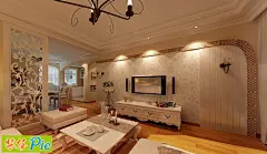 [欧式田园的客厅家具 清新碎花电视墙壁纸 电视墙周围有一圈马赛克瓷砖点缀]