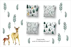 冬季森林梅花鹿狼松树自然手绘水彩植物背景图案PNG免抠设计素材