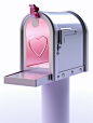 C4D render of an open mailbox with a heart symbol on the side, white background, left side view, poured resin, clear and bright, chrome reflection style, semi-transparent plane, realistic light depiction, light magenta, zbrush, post process, ad-inspired s
