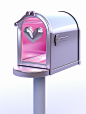 C4D render of an open mailbox with a heart symbol on the side, white background, left side view, poured resin, clear and bright, chrome reflection style, semi-transparent plane, realistic light depiction, light magenta, zbrush, post process, ad-inspired s