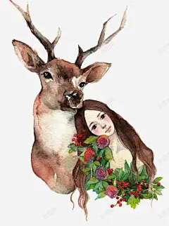 手绘小鹿与女孩高清素材 元素 页面网页 平面电商 创意素材 png素材