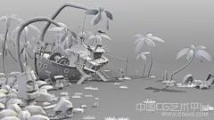 【新提醒】Q版卡通手绘木船椰子树热带海滩场景模型下载 - 场景模型区 - CG资源分享网