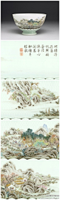 中国艺术品收藏：#瓷器#【 清 乾隆 《瓷胎洋彩山水诗意转旋大碗》】此碗胎薄体轻，釉质光润如玉，洁白无暇；画面绘制精湛，色彩艳丽。器座仿龙泉冬青釉，碗壁珐琅彩精绘山水人物图，墨书御题诗，落"乾隆宸翰，惟精惟一"二印。此碗转心之优势在于，既可拨动碗壁旋转把玩，同时又充分赏析器物之通景山水画。台北故宫藏。