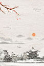 文艺亭苑水墨图雪景樱花背景海报
