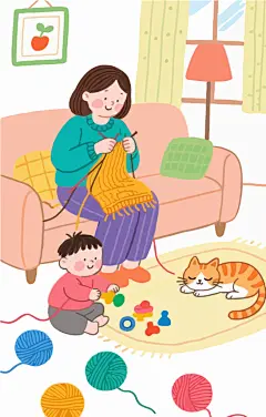 卡通织毛衣温馨插画