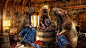General 3840x2160 digital art animals photography Photoshop rats jeans sunglasses cowboy hats boots barrels clothing interior cigars wall men cheese lamp couch door window wood Native American clothing smoke fireplace fur Three Blind Mice