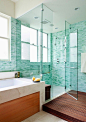 The tile and design. So pretty. Same bathroom/different view. Turquoise spa-inspired bathroom. House of Turquoise.