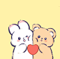 This may contain: two teddy bears holding a heart on a yellow background