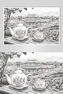 AI数字艺术复古铜版画茶园茶叶插画-众图网