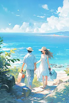 学生放暑假毕业旅游漫画风插画