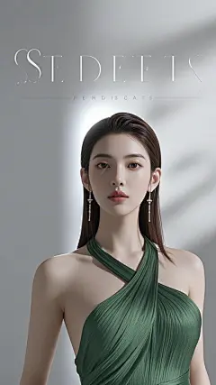 优雅的美丽海报，上面有一位穿着绿色连衣裙的美丽女子，光影背景，极简主义风格，浅灰色纯色背景，细腻的皮肤纹理，精致的面部特征，专业摄影，高清细节，构图清晰，高分辨率，3D渲染，自然光照，工作室照明，高细