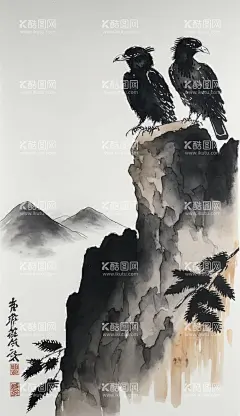 国画山鹰图  - 源文件下载【酷图网】国画,奇石,山崖,山鹰,老鹰,水墨画,苍松,鹰,鸟,中国风,高清壁纸,手机壁纸,PNG,