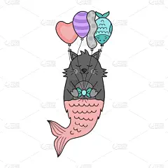 生日,美人鱼,猫,可爱的,贺卡,灰色,猫科动物,动物,尾巴,背景