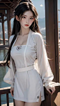  A girl with long black hair, white short-sleeved sailor suit, light short skirt, sunset, lake,highest quality, masterpiece, exquisite CG, highlights, natural light, hyperrealism, cinematic light texture,beautiful,beautiful body,beautiful eyes
, chang