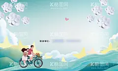 清新绿色插花纸花海报活动背板  - 源文件下载【酷图网】绿色清新背景,手绘男女海报,男女骑车,手绘背景,活动海报背板