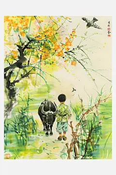 画面主体牧童和水牛-众图网