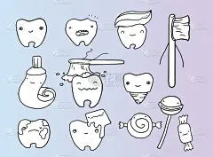 可爱的卡通牙齿和牙刷元素套装。口腔牙齿卫生。儿童牙齿护理海报。矢量插图。