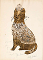 Andy Warhol - "Golden Cat" - collage of gold leaf and gold trim over blotted black ink on paper - Executed in 1956